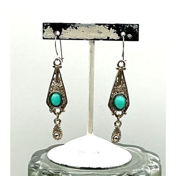 Vintage-Inspired Silver Tone Drop Earrings With Filigree Design and a Turquoise - Picture 5 of 7